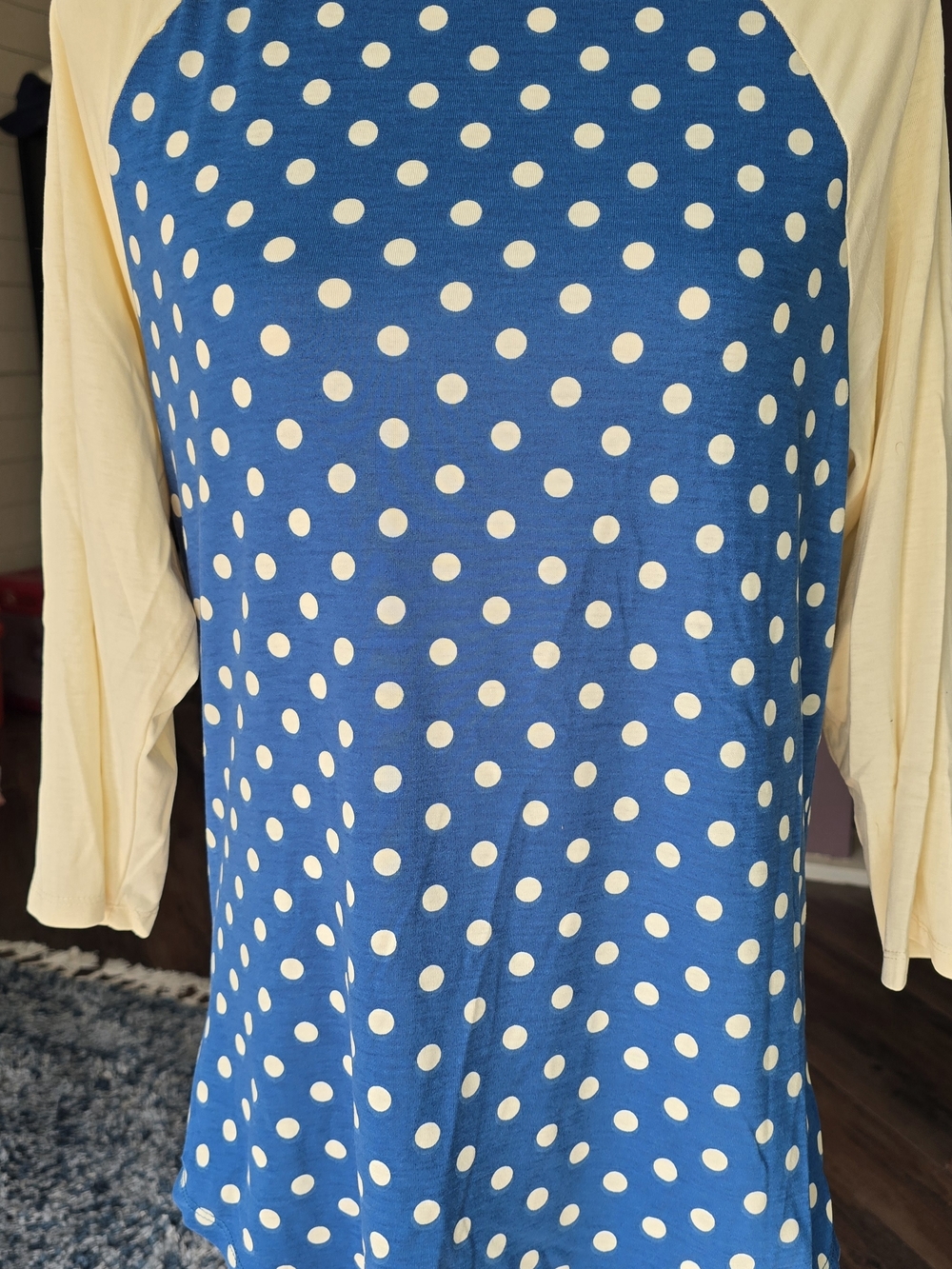 LuLaRoe Blue Polka Dot Randy with Eggshell Colored Sleeves